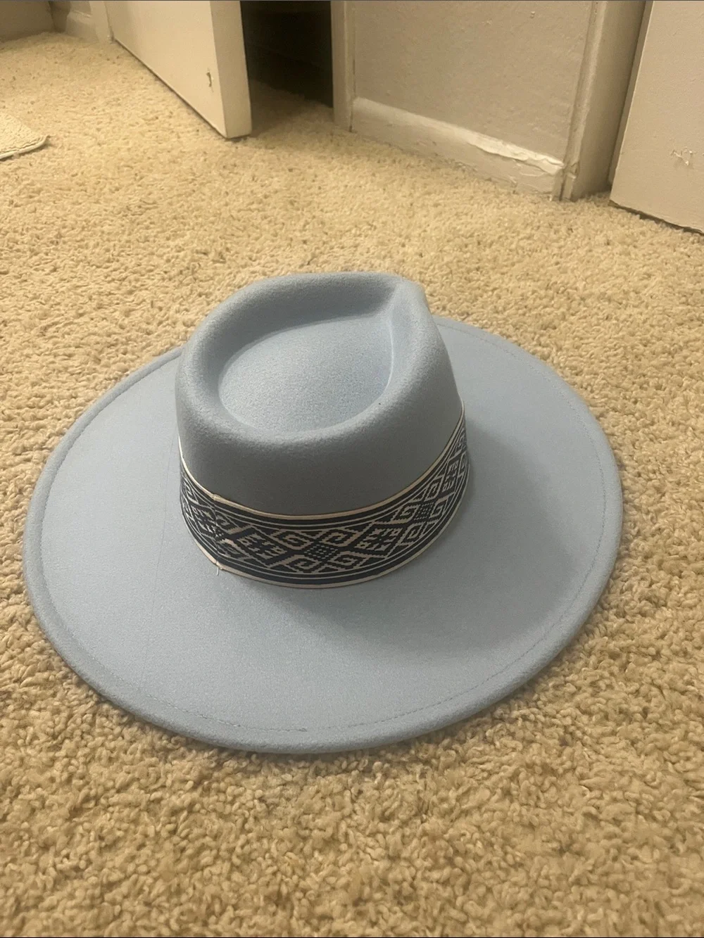 Light Blue Wide Brim Felt Hat with Patterned Band
